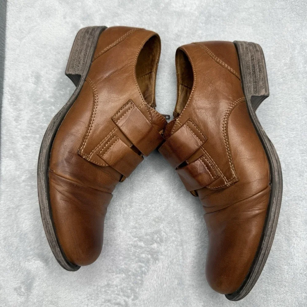 Miz Mooz Liam Women's 6.5 Brown Leather Double Strap Oxford Shoes Side Zip
